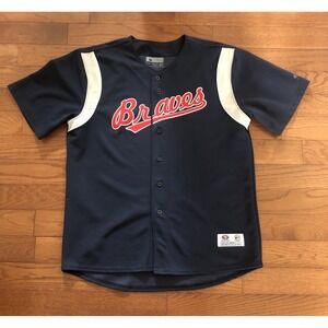 Atlanta Braves Baseball Jersey Button Down Jersey Adult X Large XL Navy Jersey